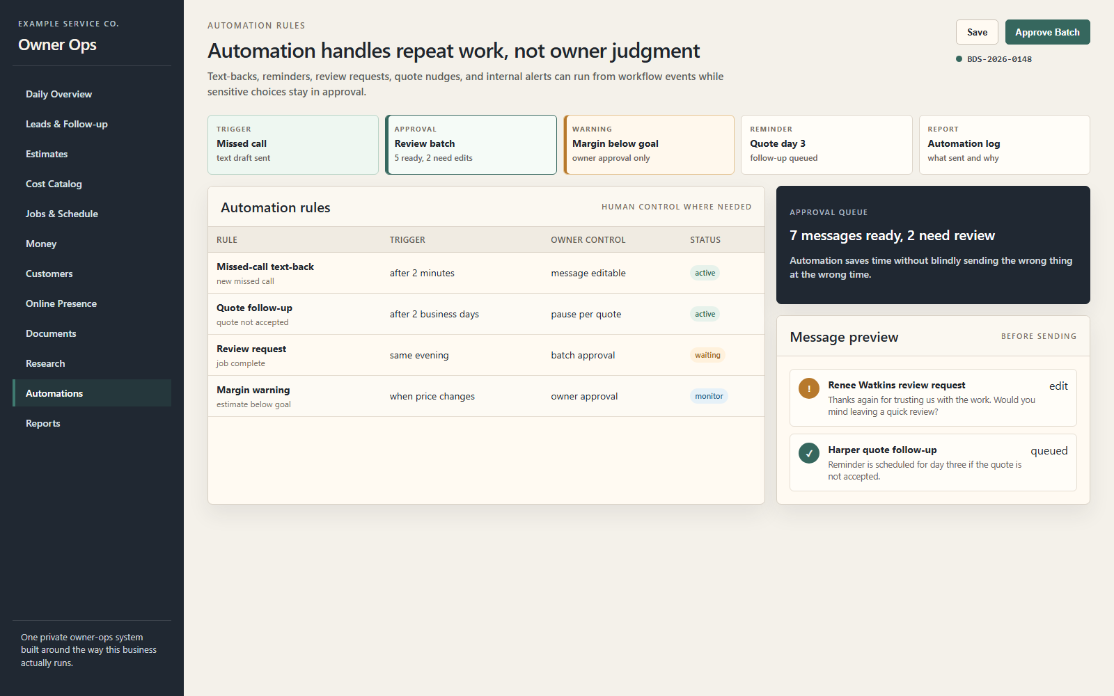 Sample automation controls module in an Owner Dashboard