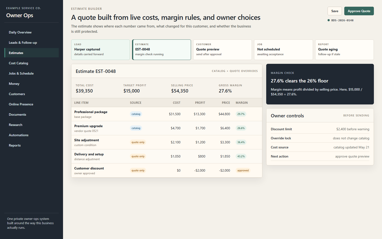 Sample estimating and pricing module in an Owner Dashboard
