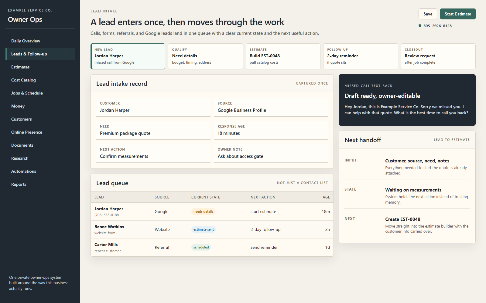 Sample leads and follow-up module in an Owner Dashboard