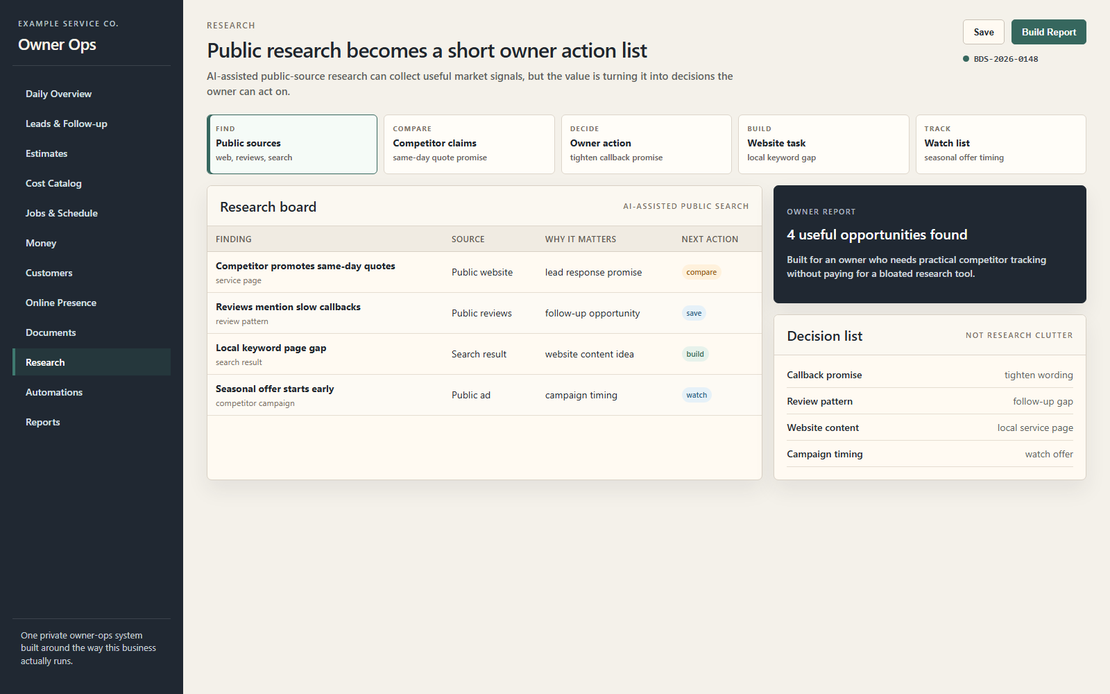 Sample research module in an Owner Dashboard