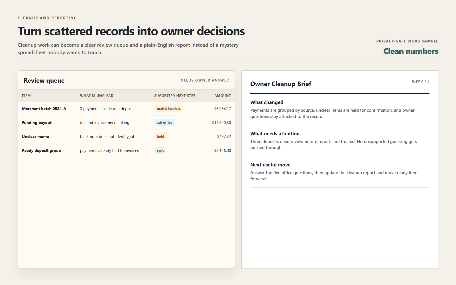 Privacy-safe cleanup and reporting work sample