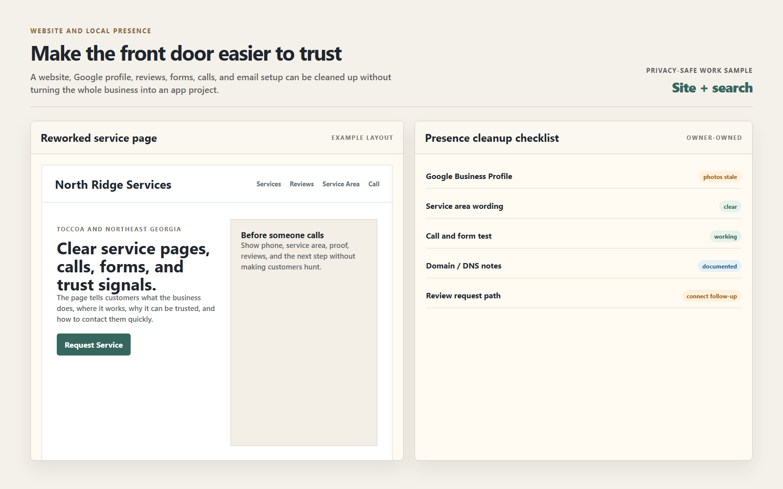 Privacy-safe website and local presence work sample